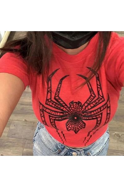 Gofeel Spider Web Pattern Red Color Harajuku Women's Crop Blouse T-Shirt