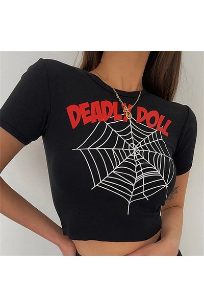 Gofeel Deadly Doll Patterned Black Color Harajuku Women's Crop Blouse T-Shirt