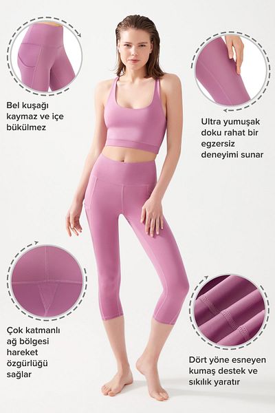 LOS OJOS Lavendelfarbene Capri-Leggings mit hoher Taille und glättenden Doppeltaschen unterhalb des Knies für Damen