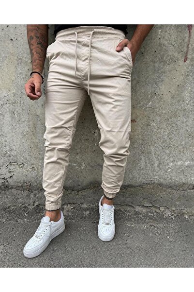 Oliggopol Erkek Krem Kargo Pantolon Paçası Ve Beli Lastikli Jogger Pantolon