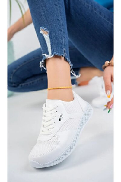 BOUIS Women's White Casual Mesh Anorak Laced Lightweight Sneaker Comfortable Running Shoes with Anti-Slip Soles