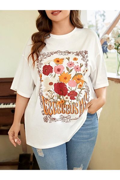 Keywest Tricou unisex din bumbac oversize cu imprimeu floral colorat