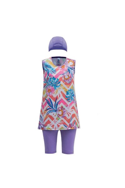 GC GÖKHAN CLUB Children's Red Patterned O Sleeve Flexible and Quick-Drying Fabric Semi-Hijab Swimsuit
