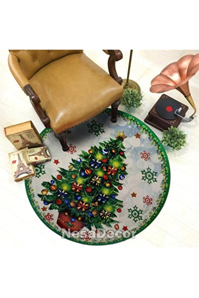 NesaDecor Yılbaşı Ağacı Desenli Yuvarlak Halı Dijital Baskı Yeni Yıl, Yılbaşı...