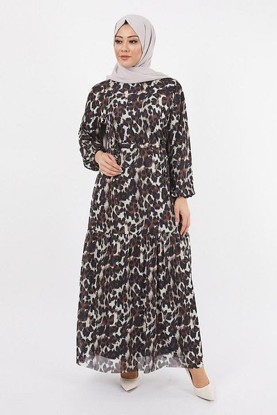 Modamihram Leopard Patterned Chiffon Dress Brown 12221