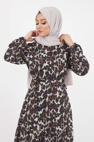 Modamihram Leopard Patterned Chiffon Dress Brown 12221