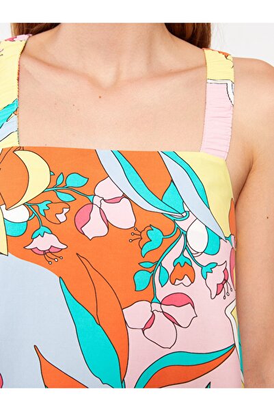 LC Waikiki Čtvercový límec s květinovým páskem popelínové dámské šaty