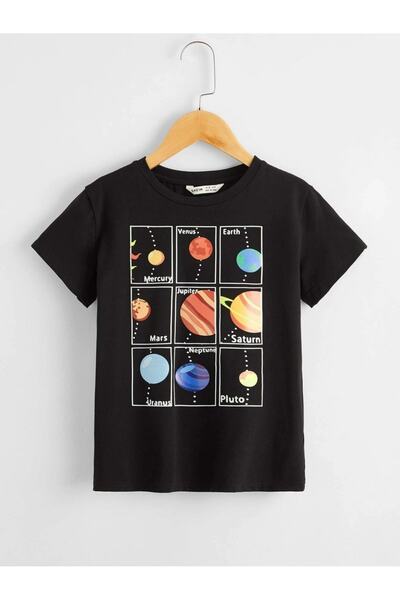 Benisengiydir Boy's Black Planets Printed Oversize Crew Neck Tshirt