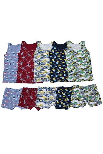 Poli Underwear Boy's 5-Piece Cotton Colorful Undershirt - Boxer (with Shorts) Set