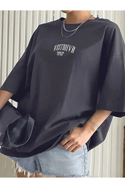 Benisengiydir Women's Gray Dont Printed Oversize Crew Neck Tshirt