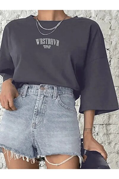 Benisengiydir Women's Gray Dont Printed Oversize Crew Neck Tshirt