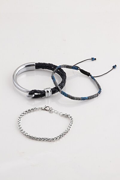 Sortie Aksesuar سوار رجالي من الجلد الطبيعي والكروم المضفر بسلسلة وحجر الهيما...