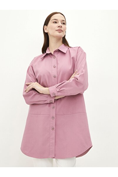 LC Waikiki Gömlek Yaka Taş Baskılı Uzun Kollu Oversize Gabardin Kadın Tunik