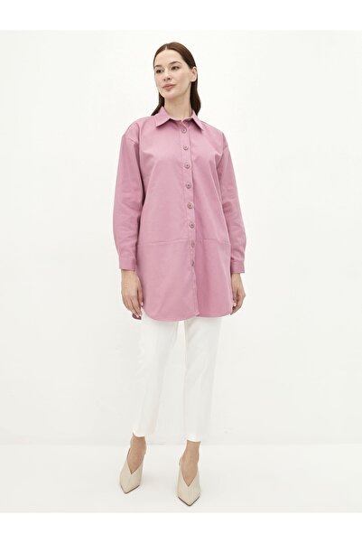 LC Waikiki Gömlek Yaka Taş Baskılı Uzun Kollu Oversize Gabardin Kadın Tunik