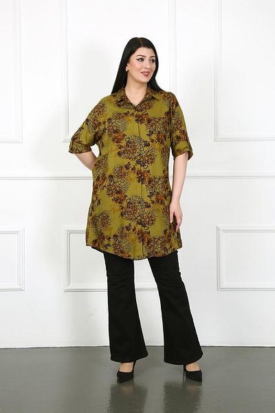 By Alba Collection Women's Khaki Branch Pattern Cotton Viscose Large Size Tunic