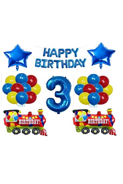BEST PARTİ DOĞUM GÜNÜ PARTİ SÜSLERİ Mavi Happy Bırthday Yıldız Rakam Tren Folyo Balon Seti Yaş 3