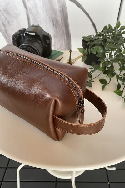 Modica Parthenon - Real Leather Zippered Handbag - Dopp Kit - Travel Makeup Bag