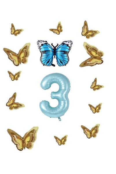 RÖNESANS PARTİ مجموعة بالون من رقائق الفراشة الزرقاء لحفلة عيد ميلاد، عمر أزرق 3