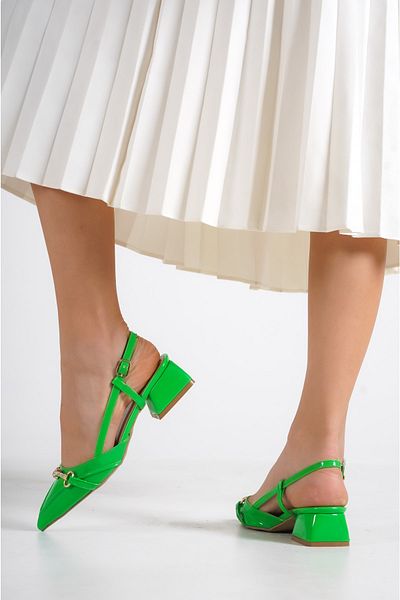 Moda Değirmeni Pantofi cu toc scurt pentru femei, din piele lacuită verde Bg1162-119-0004