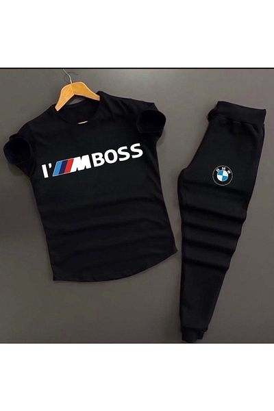 NewCabin Unisex Black Imboss Printed Slim Fit T-shirt - Μαύρο παντελόνι φούτερ με λεπτή εφαρμογή Συνδυασμός κάτω και επάνω σετ 2 τεμαχίων
