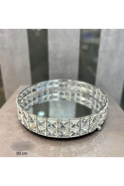 decovien Silver Crystal Stone 30 cm Tray with Mirror Inside