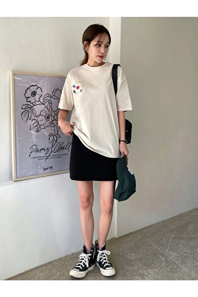 MOONBULL Oversize Beige Planet-heart Printed Women's T-shirt