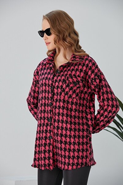 nosia fashion Women's Large Houndstooth Lumberjack Oversize Tunic Oversized Hem Tasseled Jacket Shirt