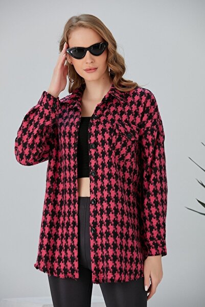 nosia fashion Women's Large Houndstooth Lumberjack Oversize Tunic Oversized Hem Tasseled Jacket Shirt