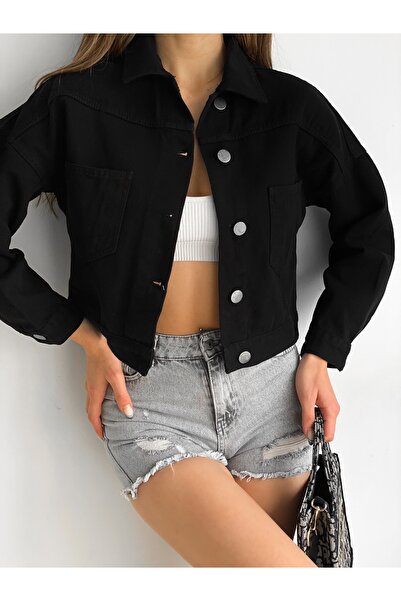 LB Laluna Butik Kadın Siyah Crop Denim Ceket