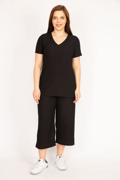 Şans Women's Black Large Size Wrap Fabric V-Neck Blouse Elastic Waist Capri Suit 65n36030