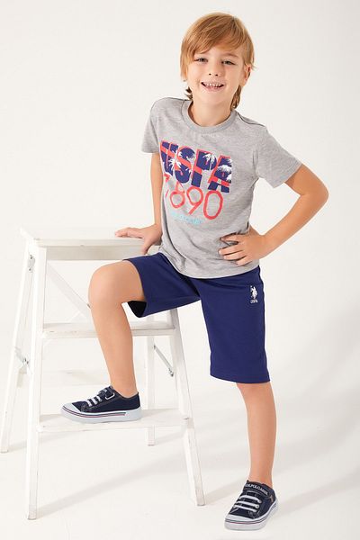 U.S. Polo Assn. Costum Bermuda pentru băiat, detaliu frunze de palmier, gri Melange