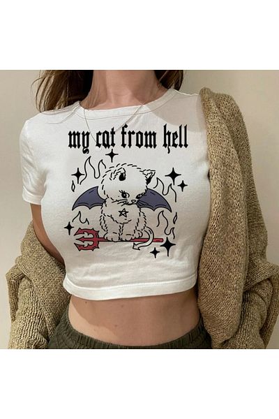 Gofeel My Cat From Hell Patterned White Color Harajuku Women's Crop Blouse T-Shirt