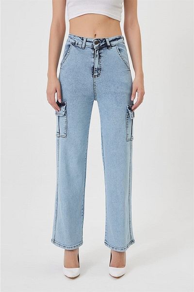 SHEVEGA Ice Blue Cargo Buzunar Lycra Talie Înaltă Pantaloni Largi Denim Denim Jean Flare