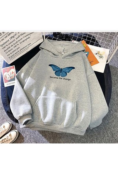 BYMEER Women's Gray Butterfly Become The Change Printed Hooded Oversize Sweatshirt