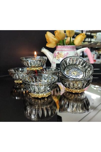 Elta Collection 6 Pieces Smoked Color Gold Metal Leg Coffee Side Turkish Delight Bowl Sugar Bowl Sauce Bowl Jam Bowl