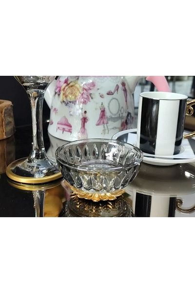 Elta Collection 6 Pieces Smoked Color Gold Metal Leg Coffee Side Turkish Delight Bowl Sugar Bowl Sauce Bowl Jam Bowl