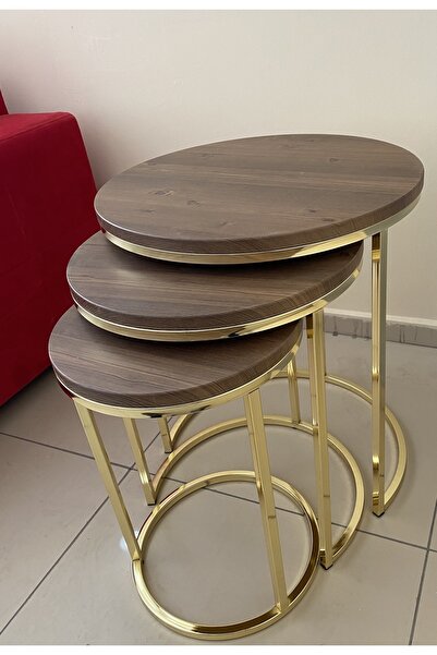 MARSEHPA Zigon Sehpa Parlak Gold Metal Ayaklı Mdf Tabla 3’lü Ceviz