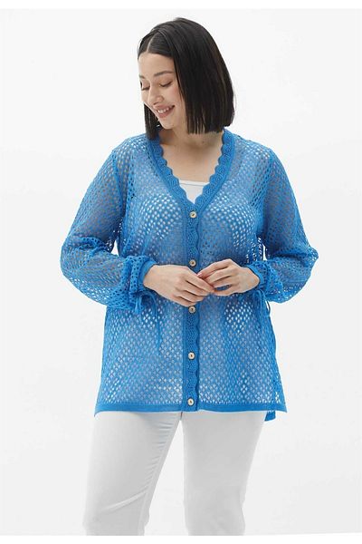 Two Mail Cardigan cu mâneci și dantelă albastru