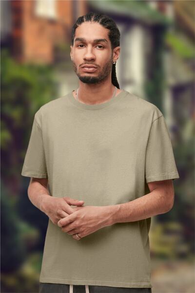 BESSA Tricou de bază din bumbac, bej, cu decolteu, pentru bărbați, cu potrivire confortabilă