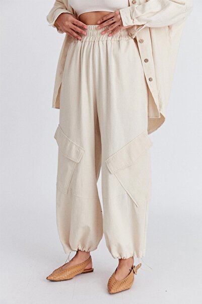 Ortaya Çık Beige Elastic Waist Linen Cargo Pants