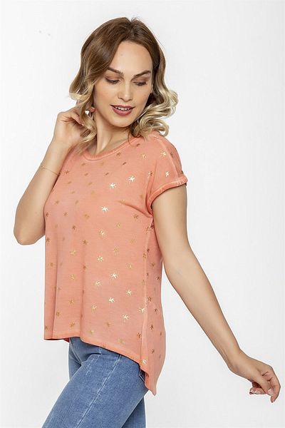 Seamoda Palm Tree Printed Long Back Oil Wash T-shirt-salmon