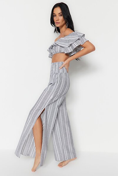 Trendyol Collection Szürke csíkos szőtt fodros blúz nadrág strandkészlet TBESS21AU0305