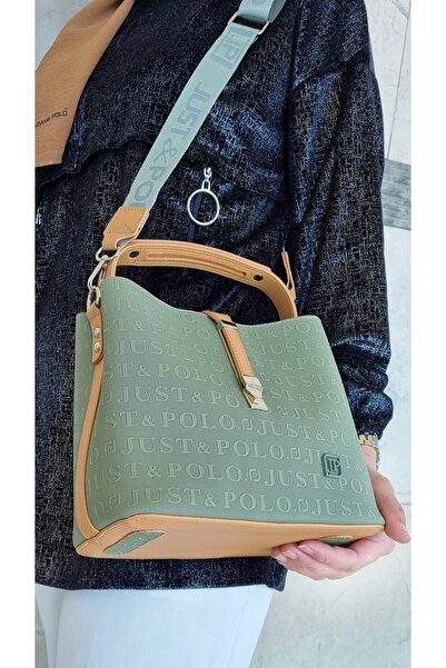 Just Polo حقيبة يد وكتف نسائية خضراء مكونة من 5 أقسام وحزام طويل قابل للتعديل