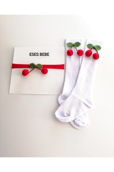 ESES BEBE Ученически чорапи Детски/бебешки черешови високи чорапи до коляното и черешов комплект бандана
