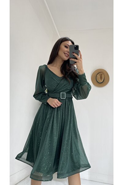 sarebutik Sare Butik Yeşil Kemer Detay Simli Tül Abiye Elbise