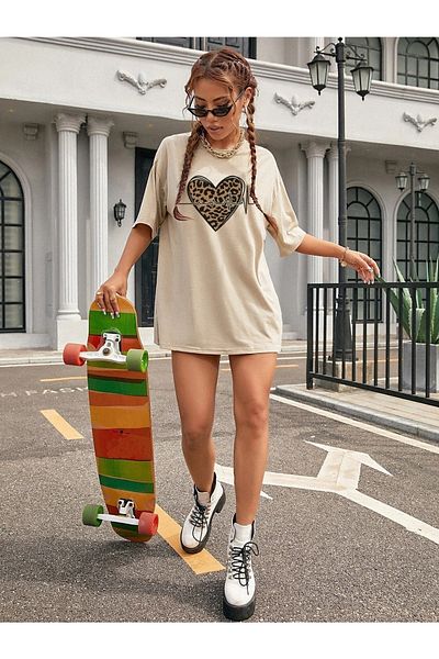 trendgar Μπλουζάκι Leopard Printed Beige Oversize