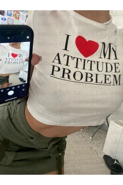 Gofeel Love My Attitude Problem Patterned White Color Harajuku Women's Crop Blouse T-Shirt