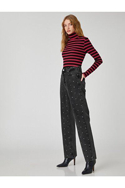 Koton Pantaloni de jeans cu talie înaltă, brodați cu piatră