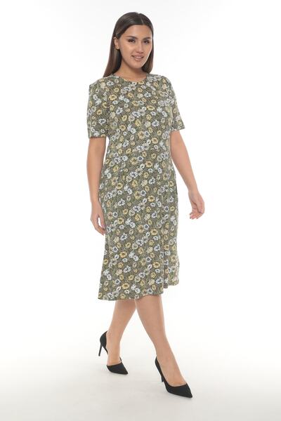 STELLETO Yeşil Renk Çiçek Desenli Bisiklet Yaka Yazlık Modal Elbise