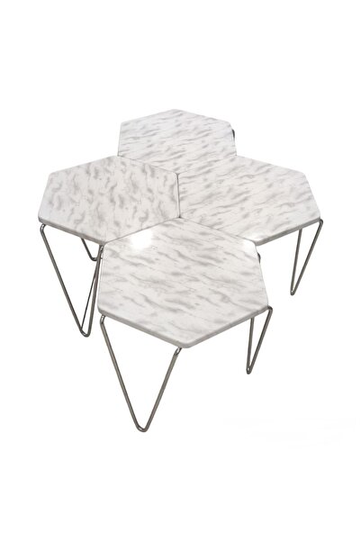 Ege Halı Mermer Desenli 4 Lü Üstü Mdf Içi Dolgu Demirli Petek Zigon Sehpa